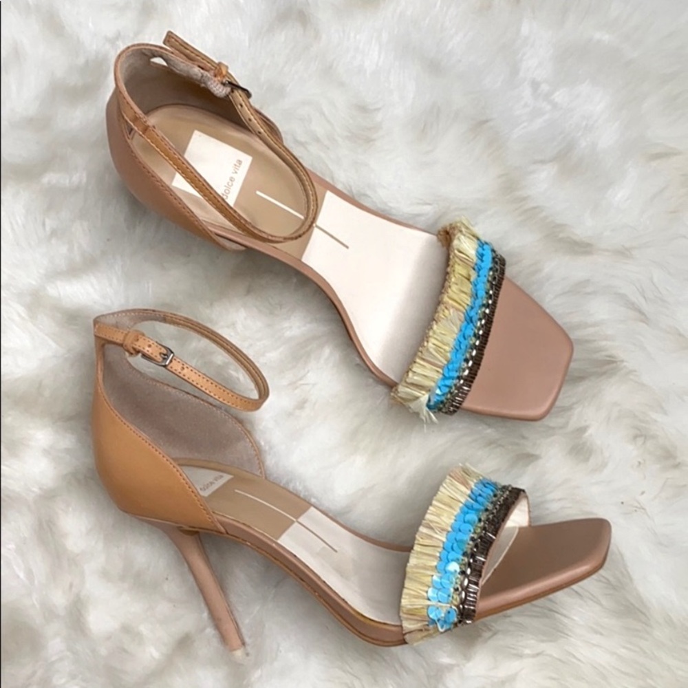Dolce Vita Cream Tan Hyper Fringe Ankle Straps Heels US 9.5